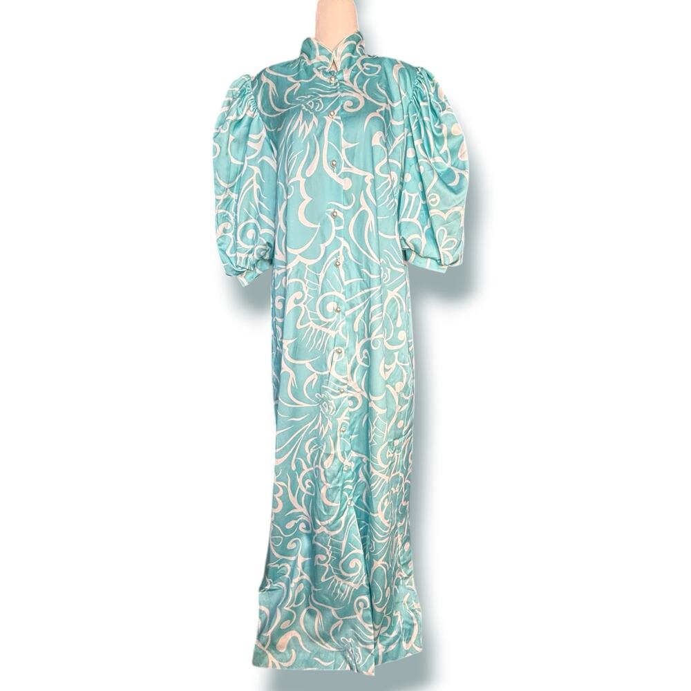 Vintage David Brown Teal Satin Maxi Dress Puff Sleeve Mandarin Collar Artsy